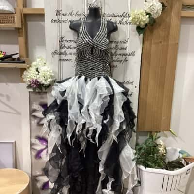 Dana Mathers Brand! SOLD AS IS BALLROOM DANCING DRESS! BNWT RRP $ 429.00! Womens  Size 14 Formal Dress / Halter Neck Dress / Party Dress / Sleeveless Dress  Black  / Grey / White 
