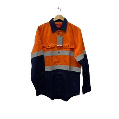 Hard Yakka Mens  Size L Long Sleeve Shirt Navy Blue / Orange 