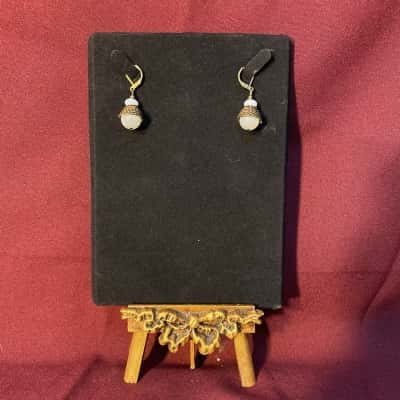 Vintage Gold Tone & White Bead Drop Earrings