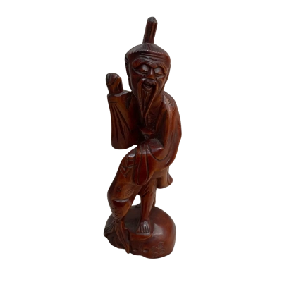 Vintage hand-carved wooden figurine- Chinese Fisherman Holding a Fish