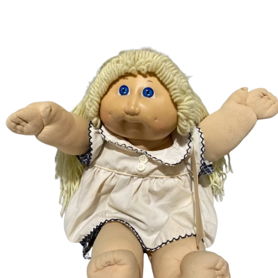 Cabbage patch doll blond yarn hair blue white dress