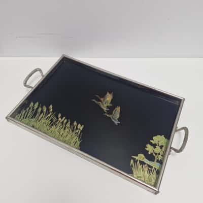 Vintage Art Deco Mid Century Glass and Metal Butler Serving Drink Tray with Ducks