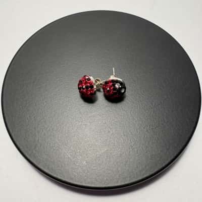 925 Sterling Silver Stud Backed Red & Black Sparkling Earrings 