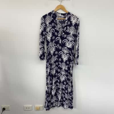 Zara Navy Blue Floral Long Sleeve Midi Dress  Size XS 