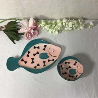 Novelty Teal / Pink / Black Pattern Fish Shaped Serving Plate & Bowl