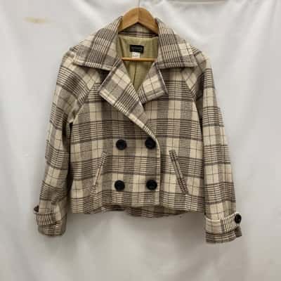 Veducci Made In Australia Women's Size 12 Wool Blend Cropped Jacket Beige / Checked 