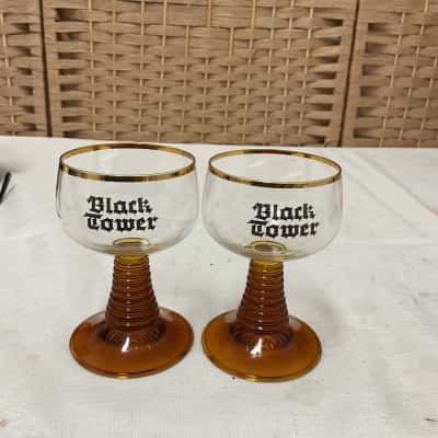 Vintage Set Roemer Beehive 4oz Goblet Amber Stem Black Tower Wine Logo Gold Trim Wedding Birthday Gift Collectable 