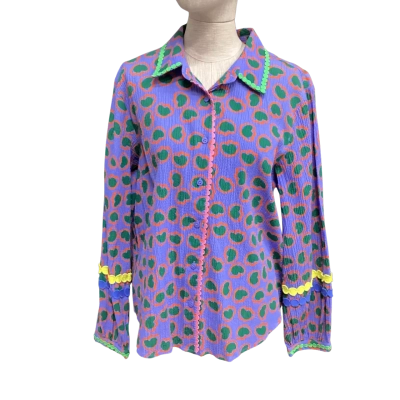 Gorman Womens  Size 10 Long Sleeve Shirt Blue with Green Love Heart Motif 