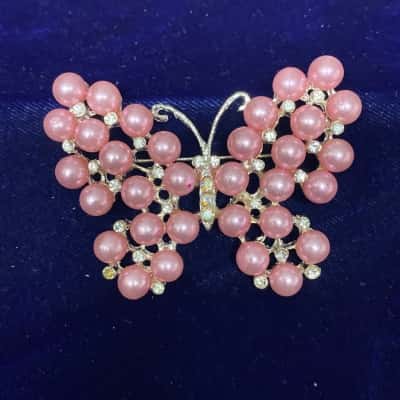 Soft Pink Faux Pearl Butterfly Brooch
