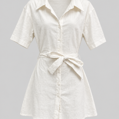 Charcoal White Belted Button-Front Shirt Mini Dress