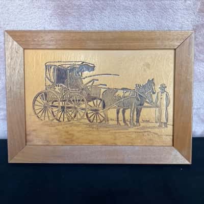 Vintage Handcrafted Leather Burnt Horse Cart Carriage Picture in Frame