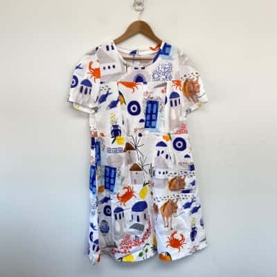  White Colourful Pattern Short Sleeve Midi Dress  Size 12 / 14 