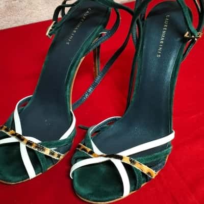  Lauren Marinis Women's Dark Green Velvet with Animal Print Stilettos Size 39