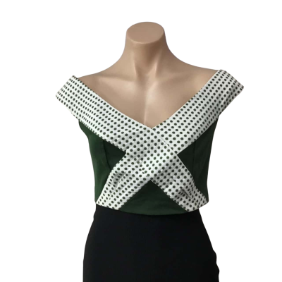 Yaly Couture Womens approx Size S Dark Green / White Spotted Off-the-shoulder Cropped Top