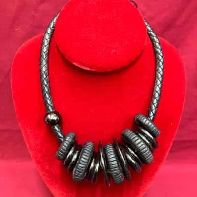  Women's Leather Necklace with Leather/Metal Discs 