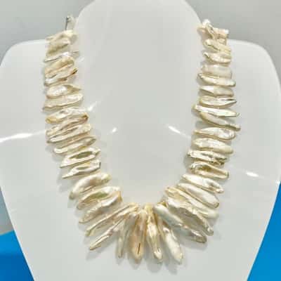 Natural Fresh Water Elongated Baroque Shaped Pearl Necklace w/ magnetic closure