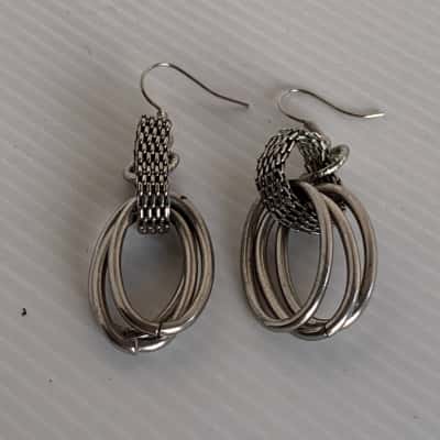 Silver Tone Interlocking Hoop & Mesh Drop Earrings