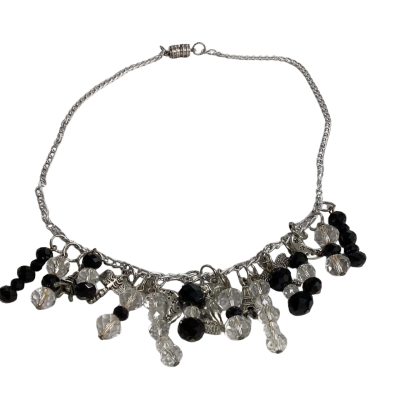 Silver Charm & Bead Statement Necklace with black & clear crystals