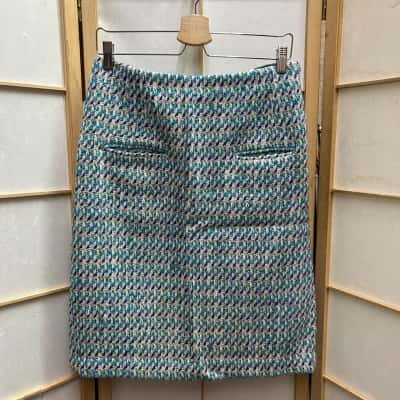 LINTO TWEAT ORNA VERUM Women's  Size 10 Vintage Australia Pure New Wool A-Line Skirt Green / Purple / Teal / White  RRP: $270 AS IS