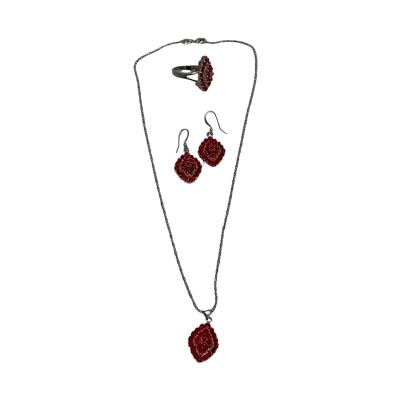 18KGP Marked Women's Retro Style Party SET Earrings / Necklace / Ring Red 