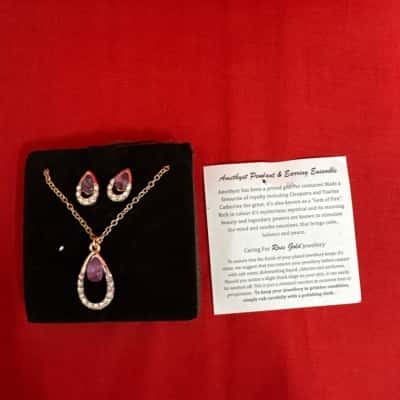  Women's Earrings / Necklace Set featuring Tear Drop Shaped Pendant with a Purple Stone & Rhinestones