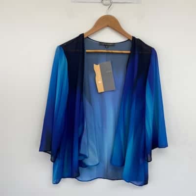 Liz Jordan Blue Sansebasti Everglade Viola Open Front Short SLeeve Top  Size 12 