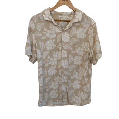 Denim & Flower Mens  Size L Hawaiian Shirt Beige 