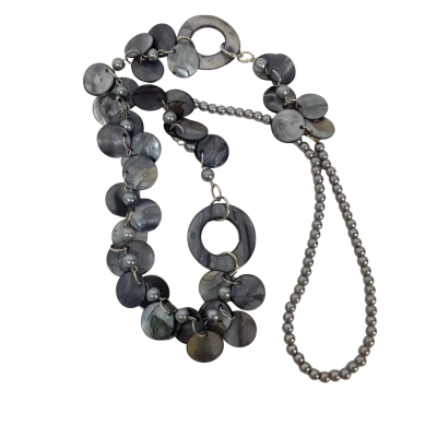 Oyster Shell & Faux Pearl Long Necklace Grey 