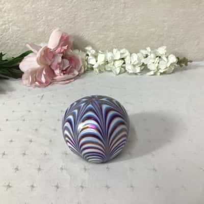 White / Blue / Purple Swirl Pattern Iridescent Art Glass Paperweight
