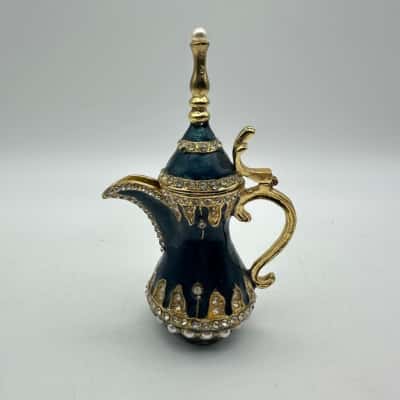 Ornate Miniature Enamel Faux Pearl & Rhinestone Tea Pot 