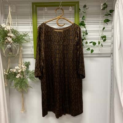 Lisa Ho 100% Silk Womens  Size 14 Midi Tunic Dress Black  / Brown 