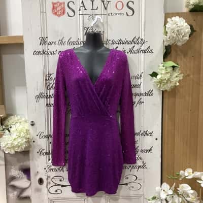  VA VA VOOM BRAND! BNWT RRP $169.00!!THE LS SEQUIN PLUNGING V-NECKWomens  Size 8 Bodycon Dress / Long Sleeve Dress / Mini Dress Purple 