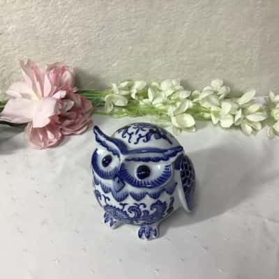 White / Blue Pattern Ceramic Owl Ornament 