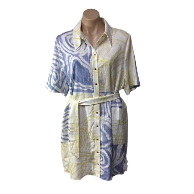 Shiek Womens Size 14 White / Blue / Yellow Pattern Short Sleeve Mini Shirt Dress (new)