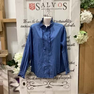  ZJOOSH BRAND! BOUTIQUE LABEL! NWOT GATHERED FUFFLE COLLAR & CUFFS BUTTON LONG SLEEVE SHIRT! Womens  Size 14 Button Up Top / Long Sleeve Shirt Blue 