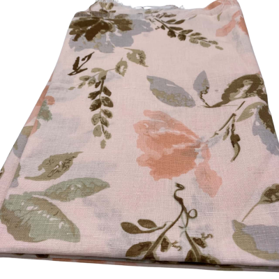 Linen/cotton type fabric.  Approx. 120 x 130 cm.  floral pattern .  Small mark.