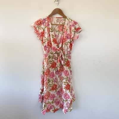 Avamia Red Floral Short Sleeve Front Tie Mini Dress Size 10 