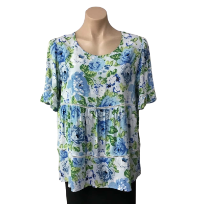 New U Collection Womens Size 8 Blue / Green / White Floral Short Sleeve Top
