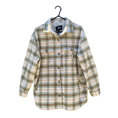 Womens Stussy Size 8 Long Sleeve Button Up Overshirt Jacket Gingham / White/Green / Grey / Orange /Yellow/Pattern