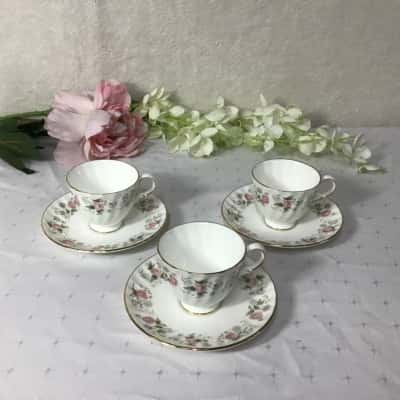 Minton "Spring Bouquet" Floral Pattern Fine Bone China Tea Cups & Saucers (3 sets)