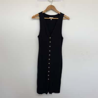 Kookai Black Ribbed Sleeveless Button Up Bodycon Midi Dress  Size 2 