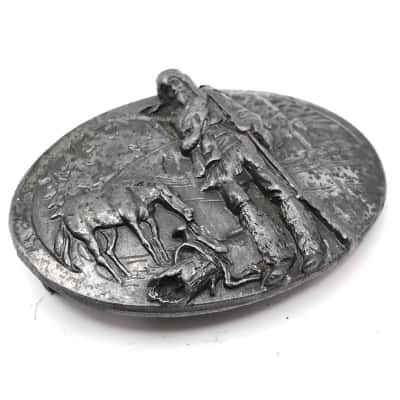 Vintage Siskiyou Buckle Co. Inc. Oregon Pewter Belt Buckle With Illustration Of A Pioneer Or Trapper With Horse - See Pics  (small items)