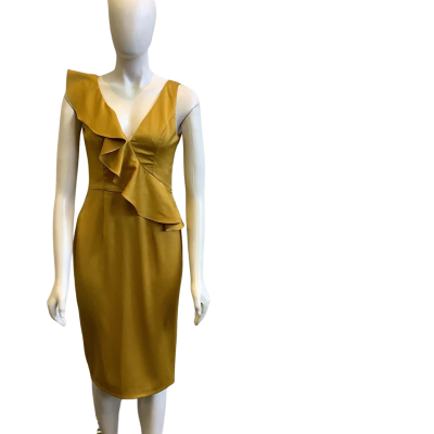 Bariano Women's Size 10 Sleeveless Ruffle Detail Satin Midi Dress Gold 