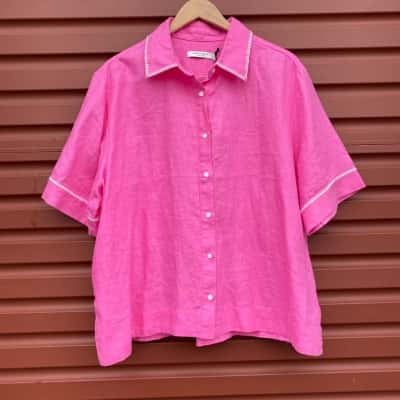 Sportscraft Womens Size 18 Pink / White 'Lulu' Blanket Stitch Short Sleeve Shirt  