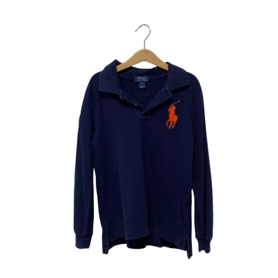 Polo Ralph Lauren Kids Long Sleeved Polo Shirt Featuring a Orange Embroidered Logo Size 7 Navy Blue 