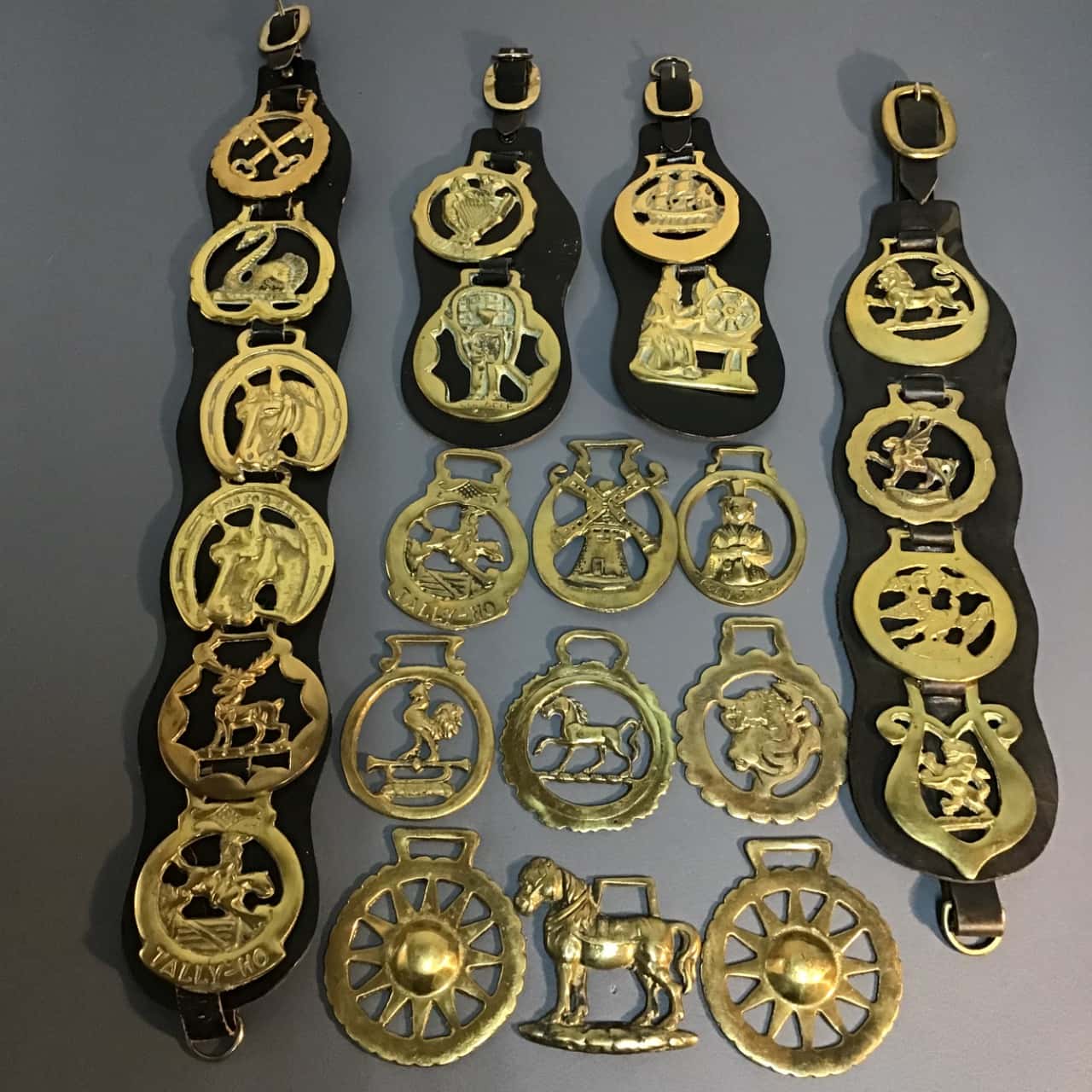 Vintage 23 Horses Harness Brasses On Leather Strap