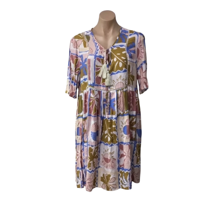 Iris Maxi Womens Size 16 / XXL Pink / White / Blue / Mustard Pattern Short Sleeve Mini Dress  