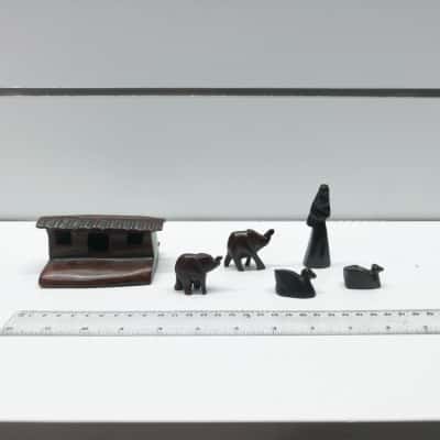 Vintage Carved Dark Wood Miniature Noah's Ark Playset Mini Animal Figurines