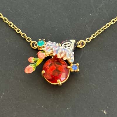 Les Nereides Paris Red Crystal & Butterfly Pendant Necklace - 14ct Gold Plated