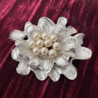 Brushed Silver and Faux Pearl Brooch 